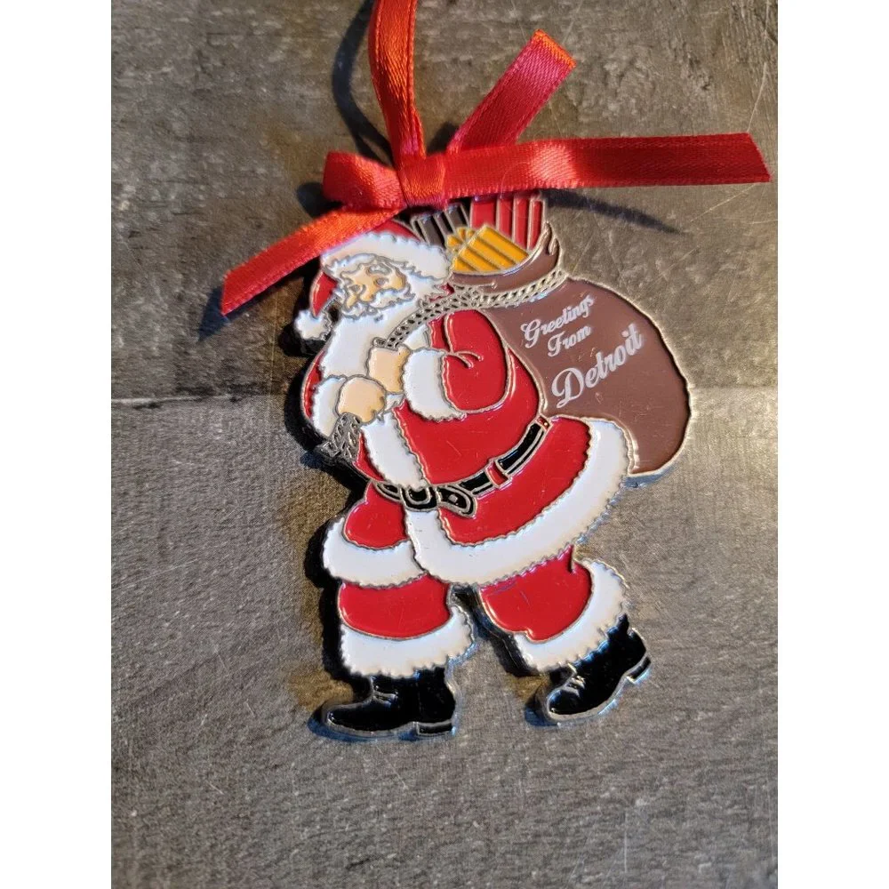 Metal santa Greetings from Detroit‎ xmas sack of gifts ornament
